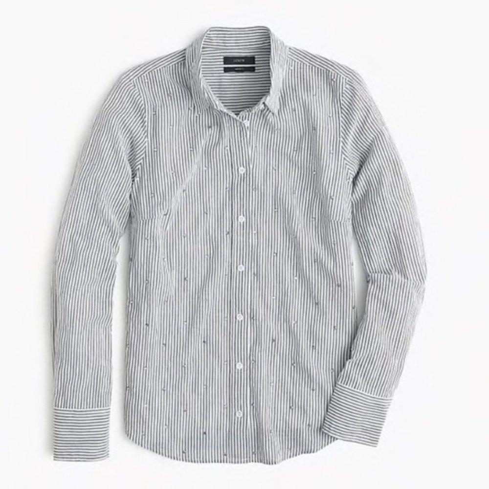 J. CREW Embellished Jeweled Button Down Striped Shirt Holiday Top Blue Gray 0 - Picture 2 of 7